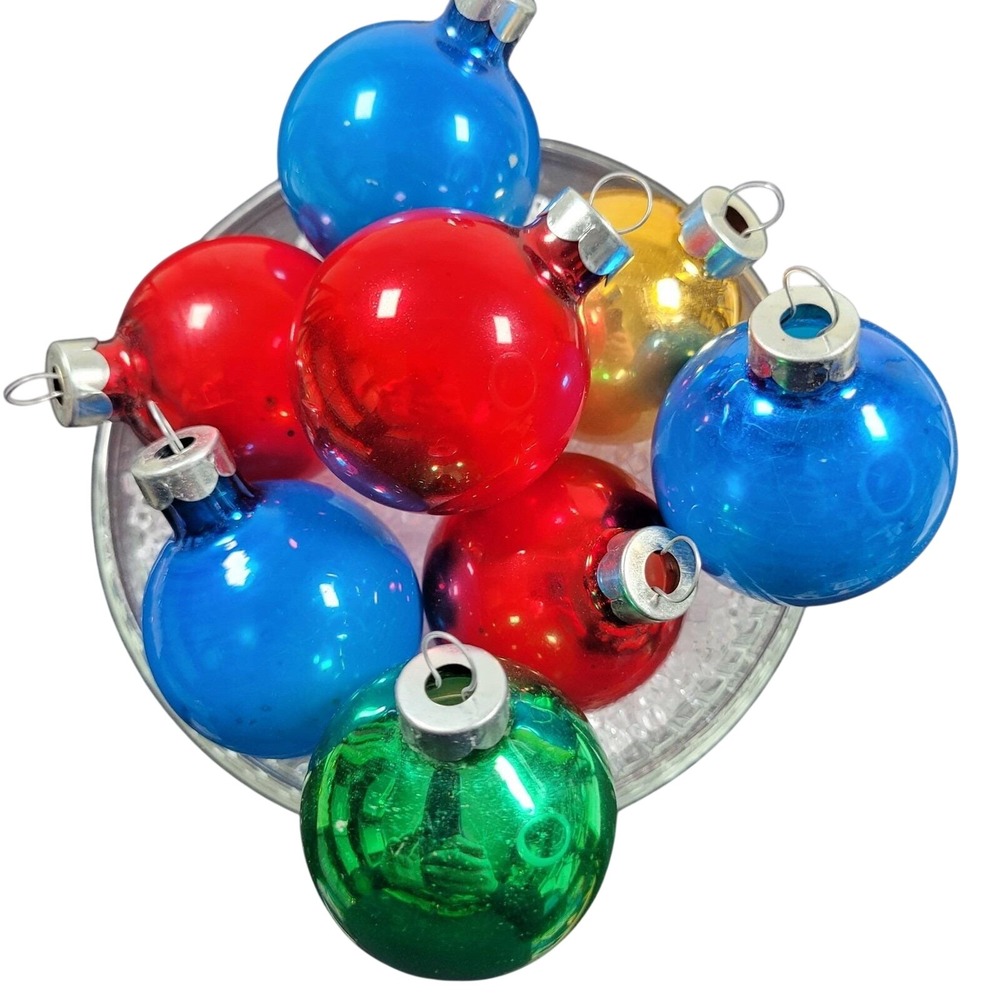 8 Christmas Tree Mercury Glass Ornaments Ball Solid Red Green Blue Gold Vtg